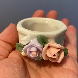 Artmark Hand Crafted Porcelain Napkin Holders Rings Pink Purple Flowers VTG MCM
